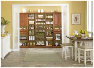 Custom shelving pantry area next to a dining space.